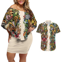 Hawaii And Japan Couples Matching Off Shoulder Short Dress and Hawaiian Shirt Tiki With Oni Mask - Polynesian Pride