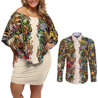 Hawaii And Japan Couples Matching Off Shoulder Short Dress and Long Sleeve Button Shirt Tiki With Oni Mask - Polynesian Pride