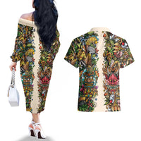 Hawaii And Japan Couples Matching Off The Shoulder Long Sleeve Dress and Hawaiian Shirt Tiki With Oni Mask - Polynesian Pride