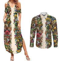 Hawaii And Japan Couples Matching Summer Maxi Dress and Long Sleeve Button Shirt Tiki With Oni Mask - Polynesian Pride