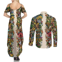 Hawaii And Japan Couples Matching Summer Maxi Dress and Long Sleeve Button Shirt Tiki With Oni Mask - Polynesian Pride