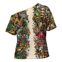 Hawaii And Japan Cross Shoulder Shirt Tiki With Oni Mask - Polynesian Pride