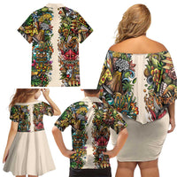 Hawaii And Japan Family Matching Off Shoulder Short Dress and Hawaiian Shirt Tiki With Oni Mask - Polynesian Pride