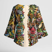 Hawaii And Japan Kimono Sleeve Blouse Tiki With Oni Mask - Polynesian Pride