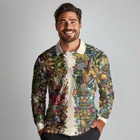 Hawaii And Japan Long Sleeve Polo Shirt Tiki With Oni Mask - Polynesian Pride