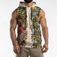 Hawaii And Japan Sleeveless Hoodie Tiki With Oni Mask - Polynesian Pride