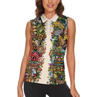 Hawaii And Japan Women Sleeveless Polo Shirt Tiki With Oni Mask - Polynesian Pride