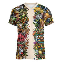 Hawaii And Japan Women V-Neck T-Shirt Tiki With Oni Mask - Polynesian Pride