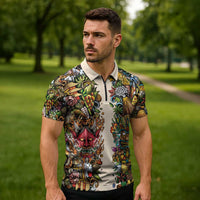 Hawaii And Japan Zipper Polo Shirt Tiki With Oni Mask - Polynesian Pride