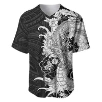 Hawaiian And Japanese Culture Baseball Jersey Irezumi Dragon With Polynesian Pattern Black - Polynesian Pride