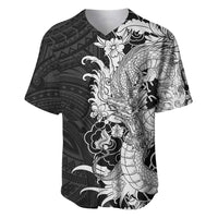 Hawaiian And Japanese Culture Baseball Jersey Irezumi Dragon With Polynesian Pattern Black - Polynesian Pride
