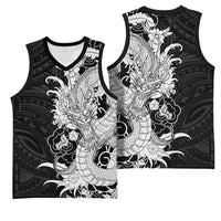 Hawaiian And Japanese Culture Basketball Jersey Irezumi Dragon With Polynesian Pattern Black - Polynesian Pride