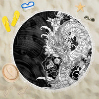 Hawaiian And Japanese Culture Beach Blanket Irezumi Dragon With Polynesian Pattern Black LT05 One Size 150cm Black - Polynesian Pride