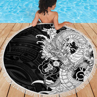 Hawaiian And Japanese Culture Beach Blanket Irezumi Dragon With Polynesian Pattern Black LT05 - Polynesian Pride