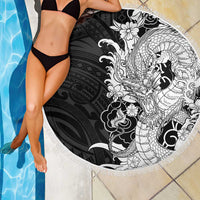 Hawaiian And Japanese Culture Beach Blanket Irezumi Dragon With Polynesian Pattern Black LT05 - Polynesian Pride