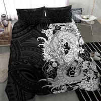 Hawaiian And Japanese Culture Bedding Set Irezumi Dragon With Polynesian Pattern Black - Polynesian Pride