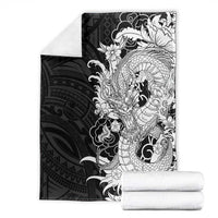 Hawaiian And Japanese Culture Blanket Irezumi Dragon With Polynesian Pattern Black - Polynesian Pride