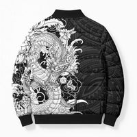 Hawaiian And Japanese Culture Bomber Puffer Jacket Irezumi Dragon With Polynesian Pattern Black - Polynesian Pride