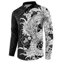 Hawaiian And Japanese Culture Button Sweatshirt Irezumi Dragon With Polynesian Pattern Black - Polynesian Pride