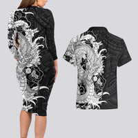 Hawaiian And Japanese Culture Couples Matching Long Sleeve Bodycon Dress and Hawaiian Shirt Irezumi Dragon With Polynesian Pattern Black - Polynesian Pride