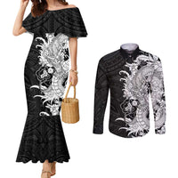 Hawaiian And Japanese Culture Couples Matching Mermaid Dress and Long Sleeve Button Shirt Irezumi Dragon With Polynesian Pattern Black - Polynesian Pride