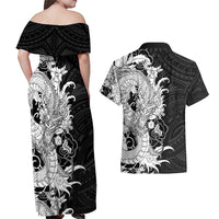 Hawaiian And Japanese Culture Couples Matching Off Shoulder Maxi Dress and Hawaiian Shirt Irezumi Dragon With Polynesian Pattern Black - Polynesian Pride