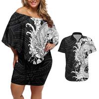 Hawaiian And Japanese Culture Couples Matching Off Shoulder Short Dress and Hawaiian Shirt Irezumi Dragon With Polynesian Pattern Black - Polynesian Pride
