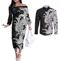 Hawaiian And Japanese Culture Couples Matching Off The Shoulder Long Sleeve Dress and Long Sleeve Button Shirt Irezumi Dragon With Polynesian Pattern Black - Polynesian Pride