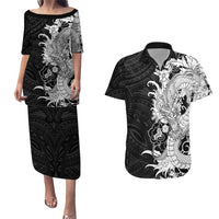 Hawaiian And Japanese Culture Couples Matching Puletasi and Hawaiian Shirt Irezumi Dragon With Polynesian Pattern Black - Polynesian Pride