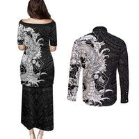 Hawaiian And Japanese Culture Couples Matching Puletasi and Long Sleeve Button Shirt Irezumi Dragon With Polynesian Pattern Black - Polynesian Pride