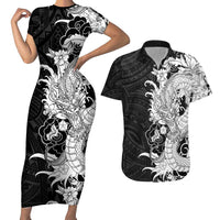 Hawaiian And Japanese Culture Couples Matching Short Sleeve Bodycon Dress and Hawaiian Shirt Irezumi Dragon With Polynesian Pattern Black - Polynesian Pride