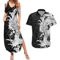 Hawaiian And Japanese Culture Couples Matching Summer Maxi Dress and Hawaiian Shirt Irezumi Dragon With Polynesian Pattern Black - Polynesian Pride
