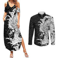 Hawaiian And Japanese Culture Couples Matching Summer Maxi Dress and Long Sleeve Button Shirt Irezumi Dragon With Polynesian Pattern Black - Polynesian Pride
