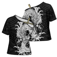 Hawaiian And Japanese Culture Cross Shoulder Shirt Irezumi Dragon With Polynesian Pattern Black - Polynesian Pride