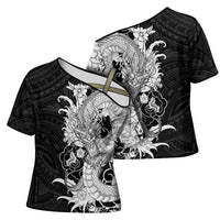Hawaiian And Japanese Culture Cross Shoulder Shirt Irezumi Dragon With Polynesian Pattern Black - Polynesian Pride