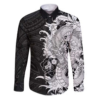 Hawaiian And Japanese Culture Family Matching Long Sleeve Bodycon Dress and Hawaiian Shirt Irezumi Dragon With Polynesian Pattern Black - Polynesian Pride