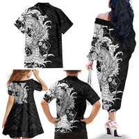 Hawaiian And Japanese Culture Family Matching Off The Shoulder Long Sleeve Dress and Hawaiian Shirt Irezumi Dragon With Polynesian Pattern Black - Polynesian Pride