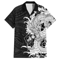 Hawaiian And Japanese Culture Family Matching Off The Shoulder Long Sleeve Dress and Hawaiian Shirt Irezumi Dragon With Polynesian Pattern Black - Polynesian Pride