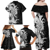 Hawaiian And Japanese Culture Family Matching Off Shoulder Maxi Dress and Hawaiian Shirt Irezumi Dragon With Polynesian Pattern Black - Polynesian Pride