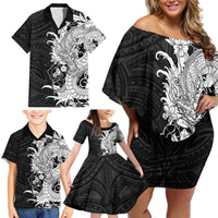 Hawaiian And Japanese Culture Family Matching Off Shoulder Short Dress and Hawaiian Shirt Irezumi Dragon With Polynesian Pattern Black - Polynesian Pride