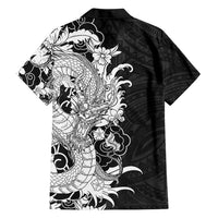 Hawaiian And Japanese Culture Family Matching Off Shoulder Short Dress and Hawaiian Shirt Irezumi Dragon With Polynesian Pattern Black - Polynesian Pride