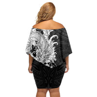 Hawaiian And Japanese Culture Family Matching Off Shoulder Short Dress and Hawaiian Shirt Irezumi Dragon With Polynesian Pattern Black - Polynesian Pride