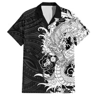 Hawaiian And Japanese Culture Family Matching Short Sleeve Bodycon Dress and Hawaiian Shirt Irezumi Dragon With Polynesian Pattern Black - Polynesian Pride