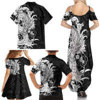 Hawaiian And Japanese Culture Family Matching Summer Maxi Dress and Hawaiian Shirt Irezumi Dragon With Polynesian Pattern Black - Polynesian Pride