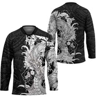 Hawaiian And Japanese Culture Hockey Jersey Irezumi Dragon With Polynesian Pattern Black - Polynesian Pride