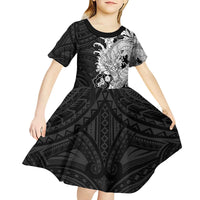 Hawaiian And Japanese Culture Kid Short Sleeve Dress Irezumi Dragon With Polynesian Pattern Black - Polynesian Pride