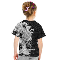 Hawaiian And Japanese Culture Kid T Shirt Irezumi Dragon With Polynesian Pattern Black LT05 - Polynesian Pride