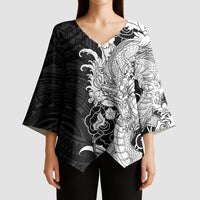 Hawaiian And Japanese Culture Kimono Sleeve Blouse Irezumi Dragon With Polynesian Pattern Black - Polynesian Pride