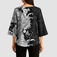 Hawaiian And Japanese Culture Kimono Sleeve Blouse Irezumi Dragon With Polynesian Pattern Black - Polynesian Pride