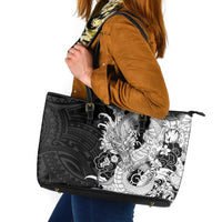 Hawaiian And Japanese Culture Leather Tote Bag Irezumi Dragon With Polynesian Pattern Black - Polynesian Pride